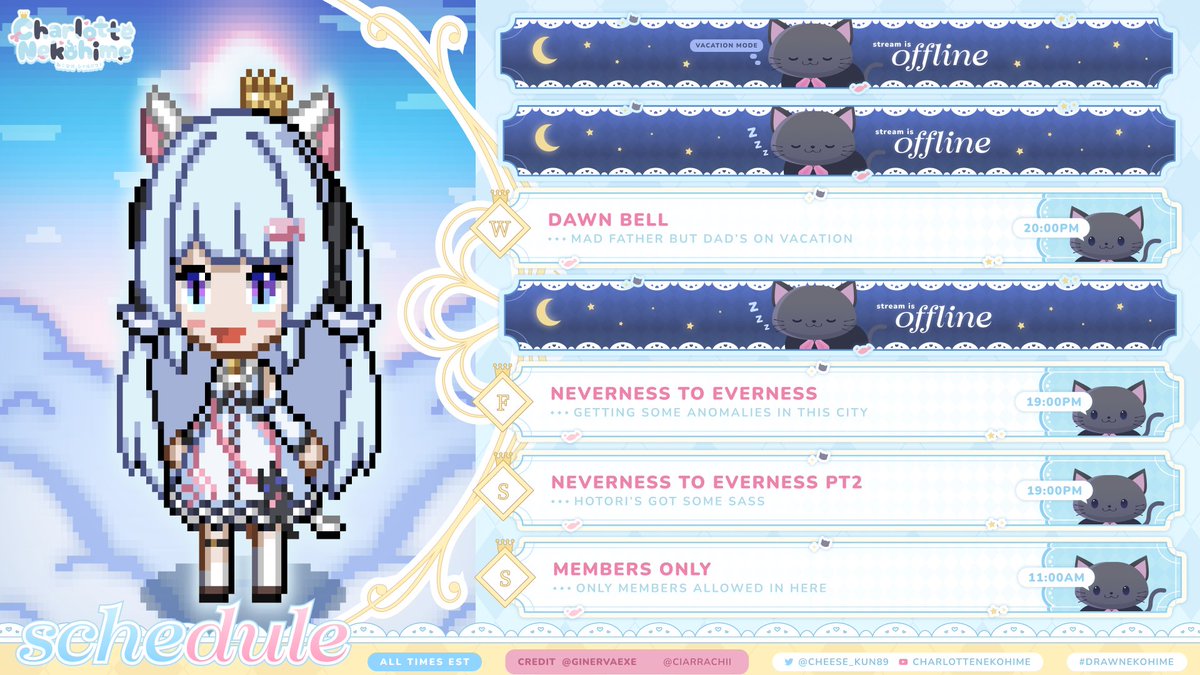 Cheese_kun89's tweet photo. Schedule for the week of 7.13 - 7.19. We'll be trying out Dawn Bell from @DawnBell_info! Contact me, or my manager @Planatarium if you got questions.
Art: @GinervaEXE 
Linktree: https://t.co/JDHcgPWcFe
SFW art: #DrawNekohime 
🔞 art: #Charlolomanko https://t.co/0EQ54yeAWn