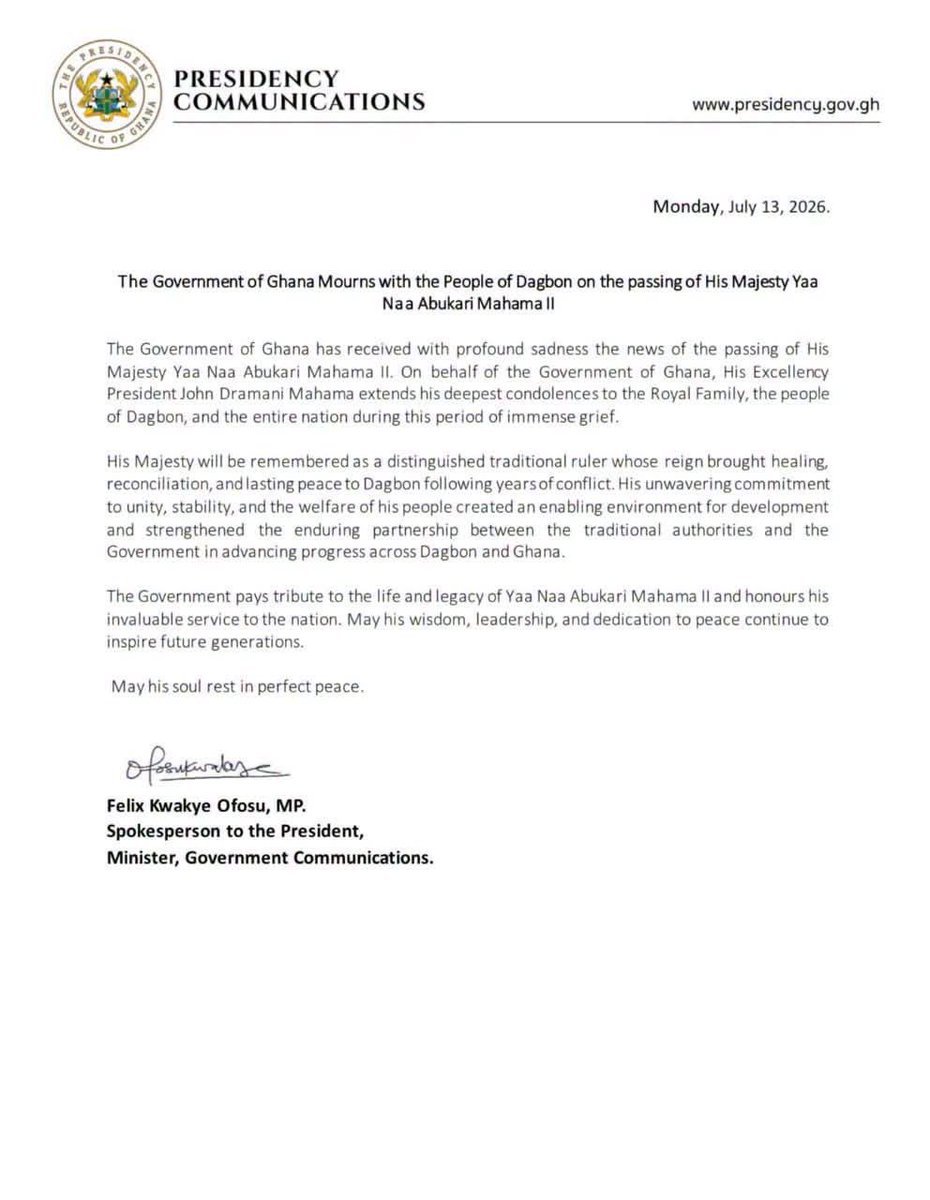 GhanaPresidency's tweet photo. President John Dramani Mahama has extended the condolences of the Government and people of Ghana to the Royal Family and people of Dagbon following the passing of His Majesty Yaa Naa Abukari Mahama II. https://t.co/SKVpza9oua