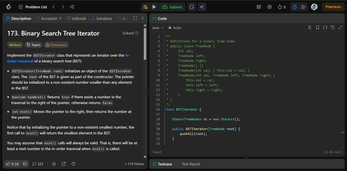 a_aany_a's tweet photo. Day 43 #SDESheetChallenge🌳

✅ Two Sum IV
✅ BST Iterator
✅ Maximum Sum BST in BT
✅ Serialize &amp; Deserialize BT

Covered HashSet + DFS, stack-based BST iteration, bottom-up BST validation, and level-order serialization/deserialization.
@striver_79 @takeUforward_ 

-AS(ToT) https://t.co/9L8n0zAK82