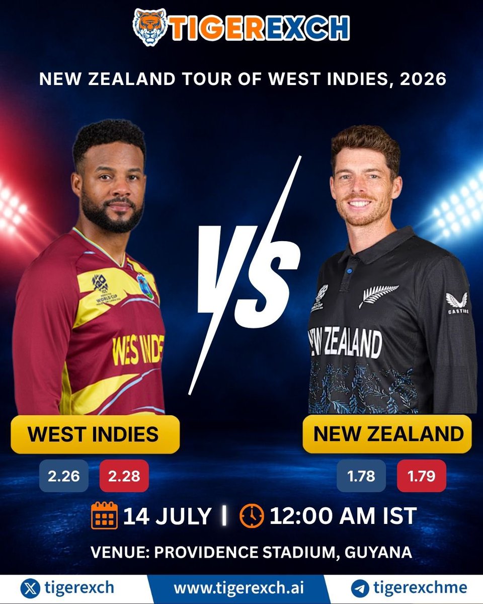 tigerexch's tweet photo. West Indies vs New Zealand 

78p NZ: Kya lagta hai? Straight match or another massive jackpot tonight? 

Don’t miss the chance. Get the most premium odds only on Tiger Exchange 🐯

Match Day Exclusive Offers:
✨10% Joining Bonus (Instant)
✨ 3% USDT Deposit Bonus
✨ 3% Weekly Lossback
✨ 2% Bonus On Daily First Bank Deposit 

Test your knowledge and play smart on https://t.co/i4DC0HSbk1 

Whatsapp for ID
https://t.co/2vbh2XUuT6