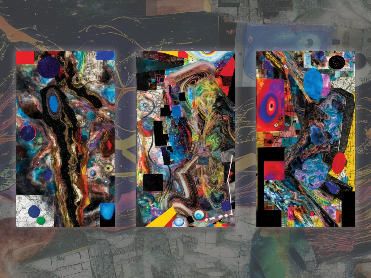 trippycollector's tweet photo. Gm gm! I’ve been fortunate enough to collect a triptych of Maps of Time by @Rez_inProgress— Celestial Objects 12, 13 & 14. Three panels, one vision: analog/digital paint, personal and cco images, and digital processes stitched into a single nervous system. 16:9 vertical resolution which is a personal favorite so I can display in my home office while I work. Rez is out here mapping the collective unconscious and I got the receipts. 🧵