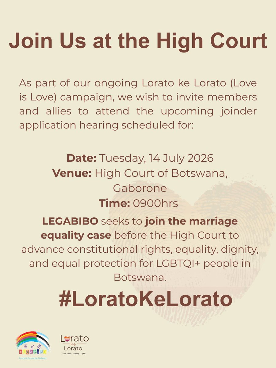 legabiboadvo's tweet photo. ๐ขJoin us in Court tomorrow.
๐Date: Tuesday, 14 July 2026
โฑTime: 9:00 AM
๐Venue: Botswana High Court, Gaborone
#LEGABIBO #loratokelorato #marriageequality #equality #humanrights https://t.co/fU1xTGpu5R