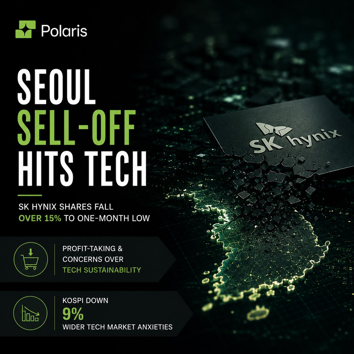 polarisvector's tweet photo. Despite a strong start on Wall Street, SK Hynix's shares fell over 15% in Seoul, reaching a one-month low. 📉 This suggests profit-taking and concerns about the sustainability of tech. Kospi's 9% drop indicates wider tech market anxieties. #SKHynix #TechSellOff #GlobalMarkets https://t.co/TBRFcNk6Xz