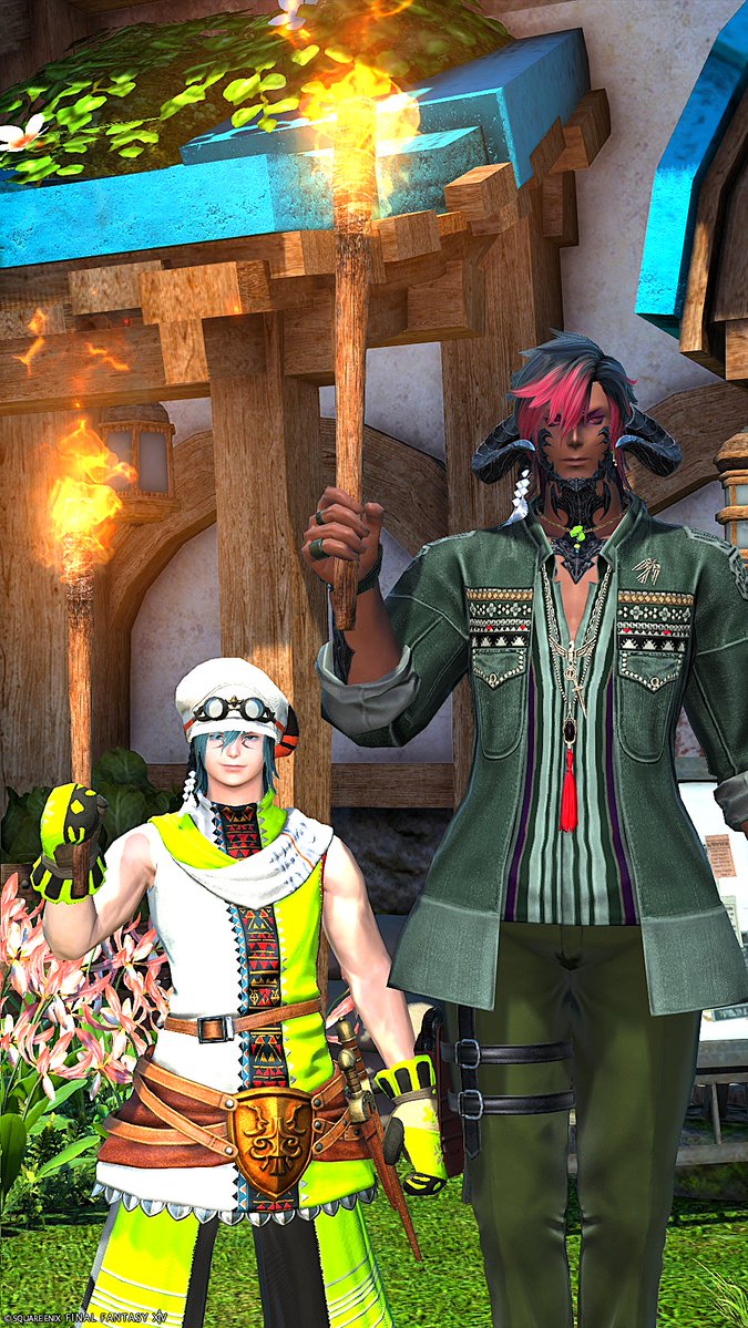 suou_i_ff14's tweet photo. ２人とも松明を手に入れた！
いやほんとこれマイクラでの姿のまんまだなw
マイクラでは尊はｽﾀﾀﾀｯと素早く松明置いて沸きつぶしするんだぜw　#オスラッテ #オスラ #オスッテ https://t.co/H2pibeUzSu