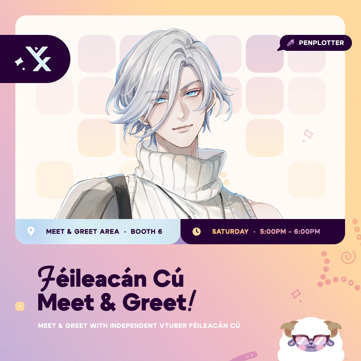 Vtuber_Expo's tweet photo. [Meet & Greet Announcement]

Pupalz, have you got your notes ready? ✏️

Cu-sensei (@FeileacanCu) is ready to sign off on your homework at his VeXpo 2026 penplotter meet and greet! Tell all of your classmates: this is gonna be a totally awesome after-school hangout! 🦋

Tickets will be granted via lottery on ConCat. Make sure to study the VeXpo 2026 Update stream VOD and cross-reference with our socials for more updates!

#VeXpo2026