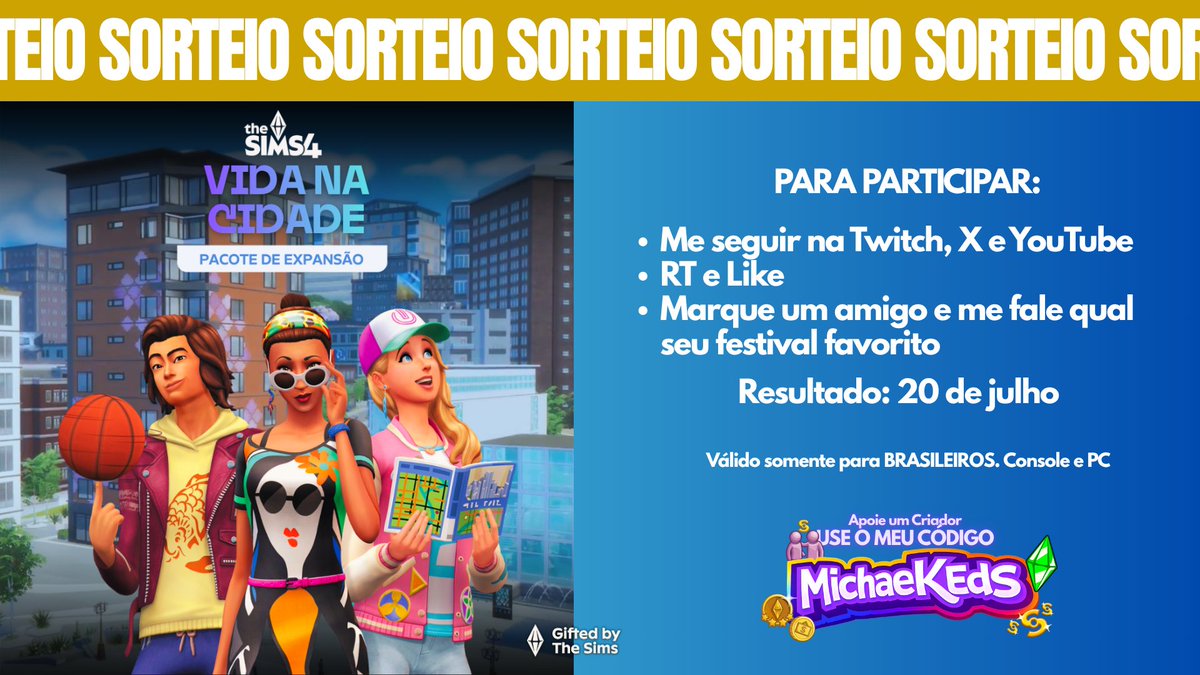 michaelkeds_'s tweet photo. 🎮🎉 SORTEIO TA VALENDO!
 The Sims 4 Vida na Cidade
Vou sortear o pacote de expansão pra vcs que estão sempre aqui comigo 🏙️💜

Pra participar:
✅ Me seguir na Twitch, X e YouTube
🔁 RT + like no post
🏷️ Marca um amigo e me conta qual é o SEU festival favorito

📅 Resultado dia 20/07
🇧🇷 Válido só pra Brasil, PC e console

Bora, quero ver quem vai aumentar a coleção de packs! Boa sorte <3
