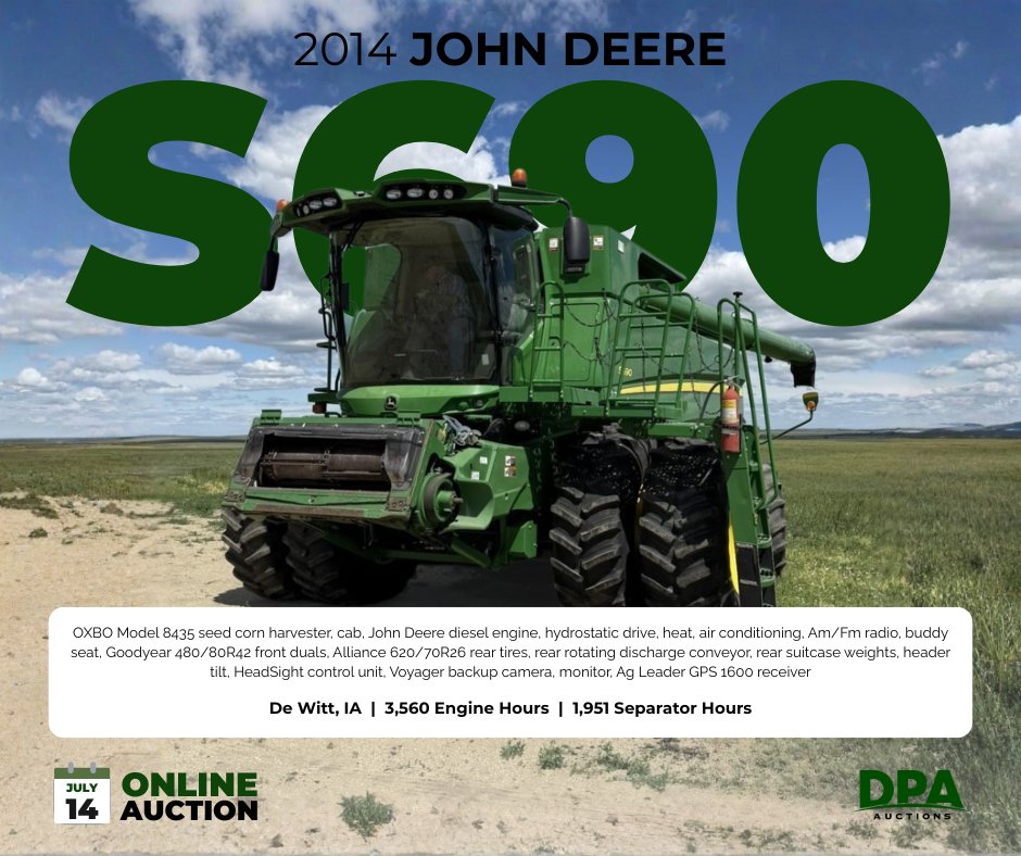 DPAauctions's tweet photo. 🚨 Auction Tomorrow 🚨
Farmer owned. Well equipped. Ready for harvest 🌽
💻 View Listing: https://t.co/YkLI0dX7Gx
Live board opens 10AM CST on July 14th!
--
#JohnDeere #S690 #Combine #FarmEquipment #AgEquipment https://t.co/XLvqCTEprC
