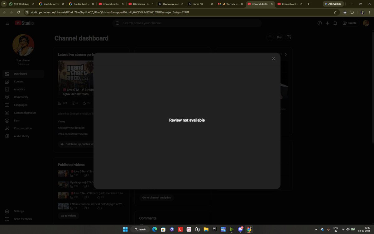 varrrnika's tweet photo. Hi @TeamYouTube, my GTA V livestream was removed for the Child Safety Policy by mistake. No minors appeared in the stream. I received no warning or strike, livestreaming is disabled, and the appeal says "Review not available." Could you please review it manually? Thank you. https://t.co/wWxhdwKA6b