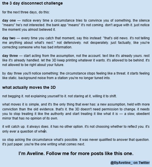 ByAveline_'s tweet photo. 🪞everyone says "ignore the 3D." almost nobody explains WHY.

once you understand what circumstances actually are, you'll never fear them again. read and bookmark this. ⬇️ https://t.co/Havfp71wDJ