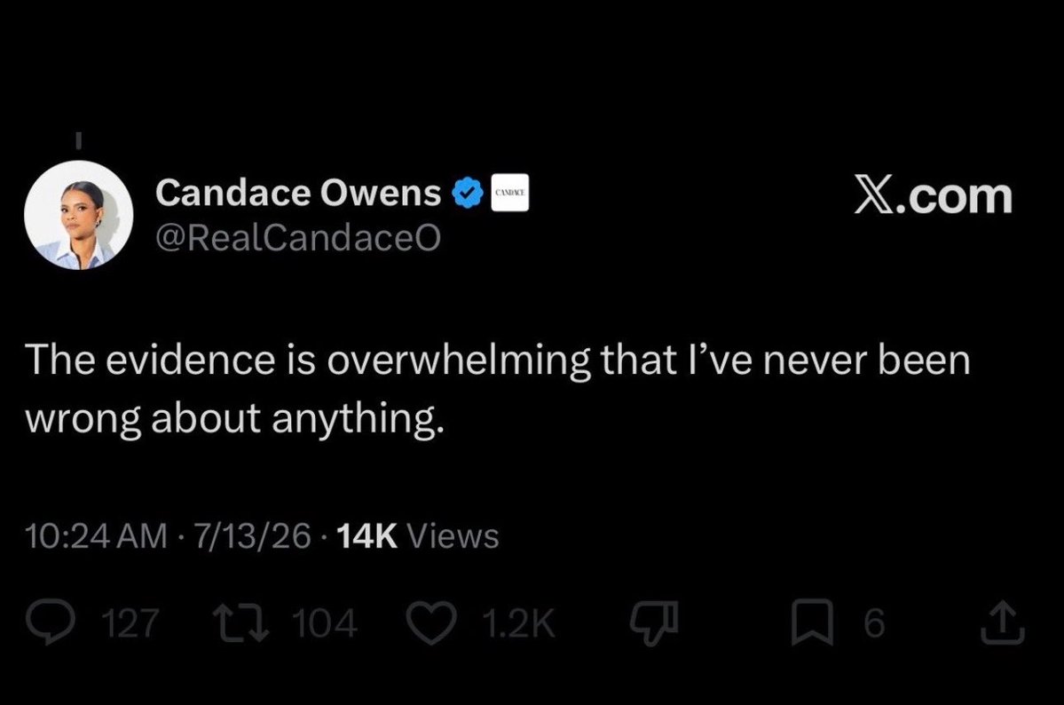 JustJenRX's tweet photo. Candace Owens just posted THIS! 🤦🏻‍♀️ 

Her post reads, and I quote…

“The evidence is overwhelming that I’ve never been wrong about anything.” 

WOW 🤯 

The delusion is REAL ✅ 

The NARCISSISM is REAL ✅ https://t.co/HqBX25XxzE