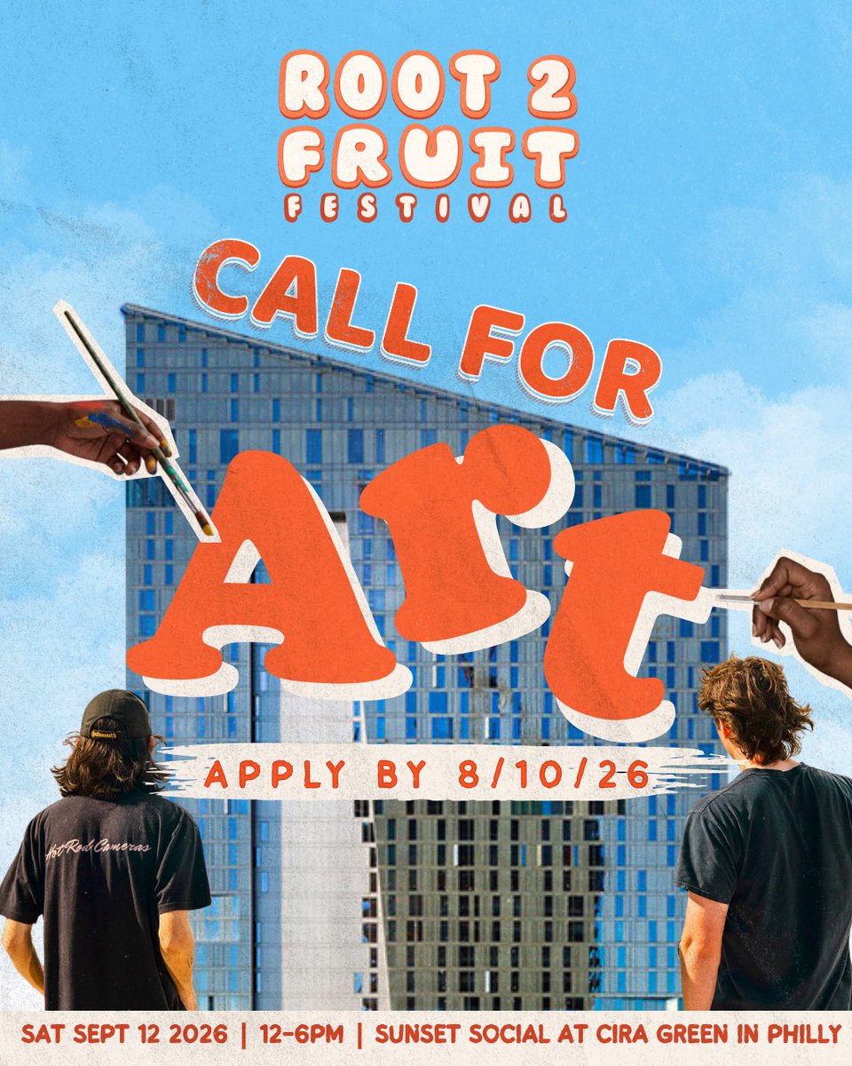 4bidden4ruit4's tweet photo. OPEN CALL FOR ARTISTS: 

Apply to have your art featured at Root 2 Fruit Festival 2026 in Philly 

We’re curating a hybrid exhibition for our third annual creative wellness festival for all ages🧡

Submit to be featured on a massive screen at the Cira Green Rooftop👇🏽 https://t.co/eYZ1VDNIsa