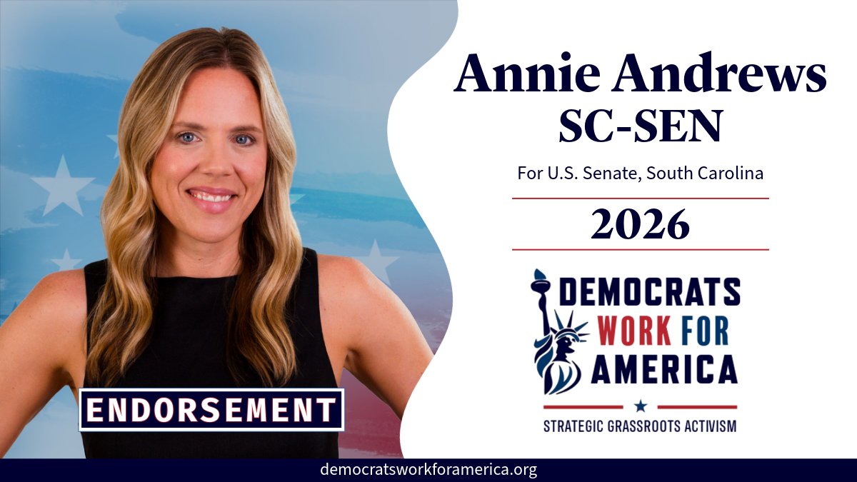 DemsWork4USA's tweet photo. 🚨 We're endorsing Annie Andrews for #SCSEN!
South Carolina’s Senate race has fundamentally changed.
The question is no longer whether Democrats can defeat a longtime incumbent, but whether we can seize a rare open seat. #SouthCarolina #WinBlue
🧵 https://t.co/YWBB4Qk7Qg