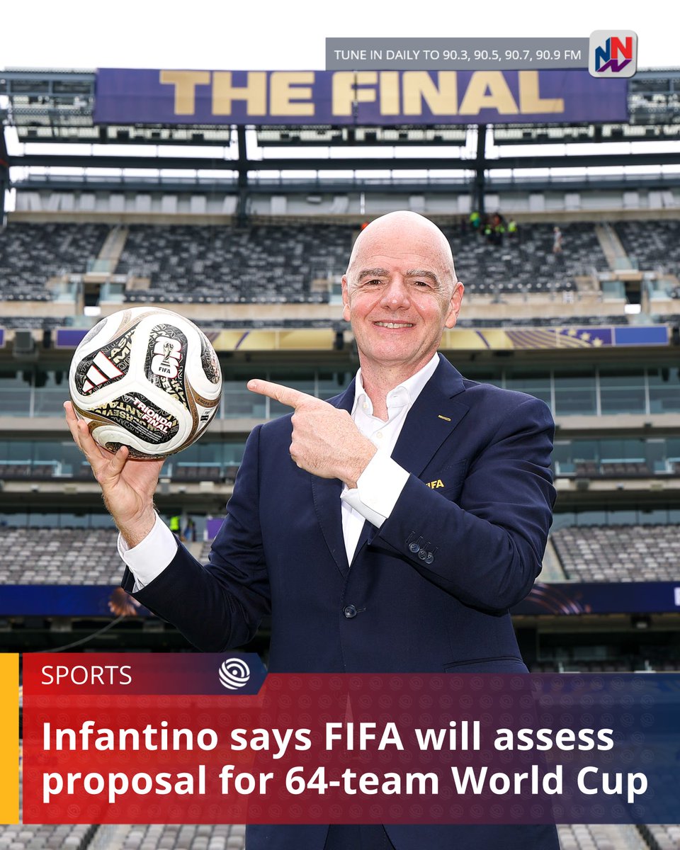 NationwideRadio's tweet photo. Plans for a 64-team men’s World Cup are set to be picked up and assessed in detail after the 2026 tournament with Fifa boss Gianni Infantino saying football needs to be “for the whole world”.

READ MORE HERE: https://t.co/b6oKSveMBI https://t.co/HB25owwi6m