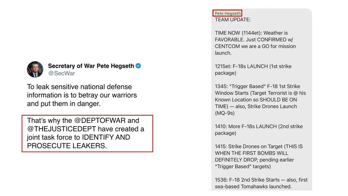 HQNewsNow's tweet photo. Pete Hegseth claims that the Department of War is creating is task force to "IDENTIFY AND PROSECUTE" whistleblowers and leakers.

Hegseth himself has leaked classified information in a group chat with a reporter. https://t.co/LayChHc8Ax