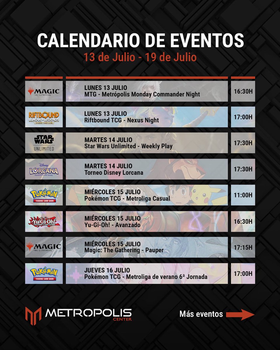 MetropolisCnter's tweet photo. 📅 Aquí tenéis el calendario de eventos semanal de #metropoliscenter
➡️ Desde eventos para principiantes hasta eventos claramente competitivos, donde destacamos nuestras ligas de Pokémon TCG, la presentación oficial de Attack Of The Vine, el nuevo set de Disney Lorcana, o el God of Mischief de Magic presents.
📱 Más información e inscripciones en https://t.co/9gXUx4987l
#tcg #pokemon #yugioh #magicthegathering