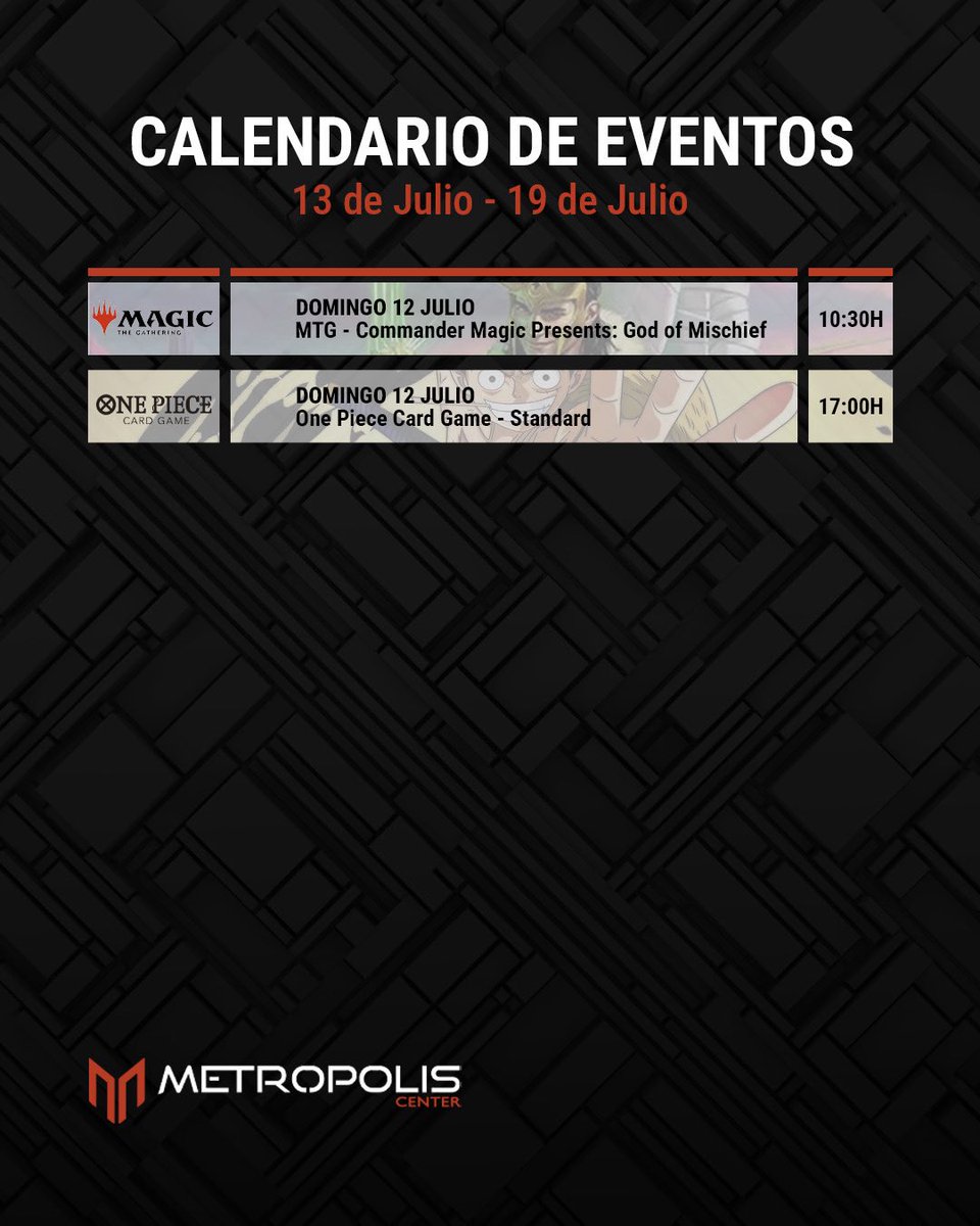 MetropolisCnter's tweet photo. 📅 Aquí tenéis el calendario de eventos semanal de #metropoliscenter
➡️ Desde eventos para principiantes hasta eventos claramente competitivos, donde destacamos nuestras ligas de Pokémon TCG, la presentación oficial de Attack Of The Vine, el nuevo set de Disney Lorcana, o el God of Mischief de Magic presents.
📱 Más información e inscripciones en https://t.co/9gXUx4987l
#tcg #pokemon #yugioh #magicthegathering