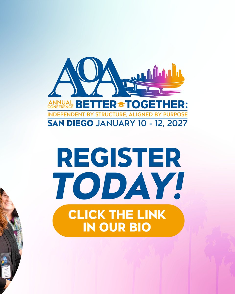 csuaoa_'s tweet photo. 📣 Save the Date!

The AOA 2027 Annual Conference will take place January 10–12, 2027, at the Sheraton San Diego Resort in San Diego, California.

This year's theme, Better Together: Independent by Structure. Aligned by Purpose.

📍 San Diego, California
📅 January 10–12, 2027 https://t.co/meujajQ8yt