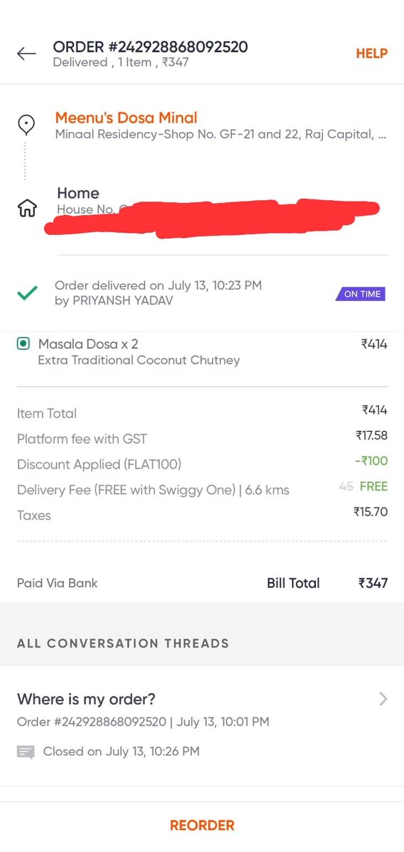 meeheeeer's tweet photo. @Swiggy @SwiggyCares i ordered 2 dosas and paid for both online. but only one was delivered. delivery guy was also v late and suspicious. https://t.co/4hunjQBTqK