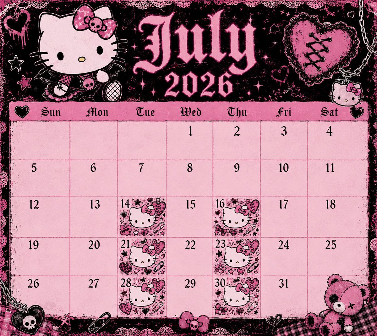 chronicd0ll's tweet photo. The days marked w stickers are my Only fans and Fansly 
posting days for the month of July~

-Posts will be dropped on my main timeline every Tuesday and Thursday🎉
-possibility for additional surprise posts on weekends💋
-DMs are still always open 24/7 for requests with tips🫶🏼 https://t.co/HhAtxUtHpQ