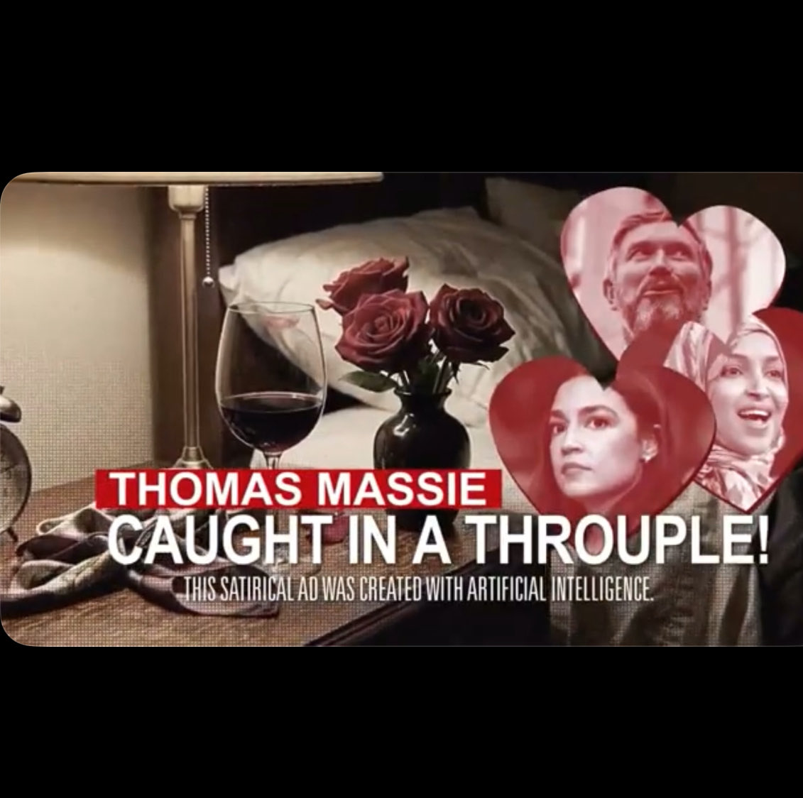 RepThomasMassie's tweet photo. The red vs blue AI political ads are going to be wild this fall. Here’s the AI ad the Israeli lobby spent millions to run against me in KY. Many older people voted against me because they believed I dated AOC and Omar. I told AOC I would never do that with Omar! #sassywithmassie https://t.co/UPNPIMlcUN
