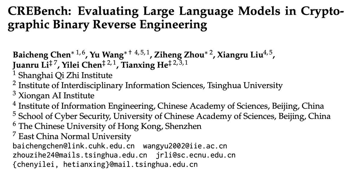 dannychen1223's tweet photo. Today’s LLM agents can write code, call tools, and debug programs.
But can they reverse-engineer a cryptographic binary end to end?
We built CREBench to find out.
Thrilled that our work has been accepted to @COLM_conf 2026! 🎉
🧵👇
#COLM2026 #AI4Security #Agent #RE https://t.co/cXy3FOtBRR