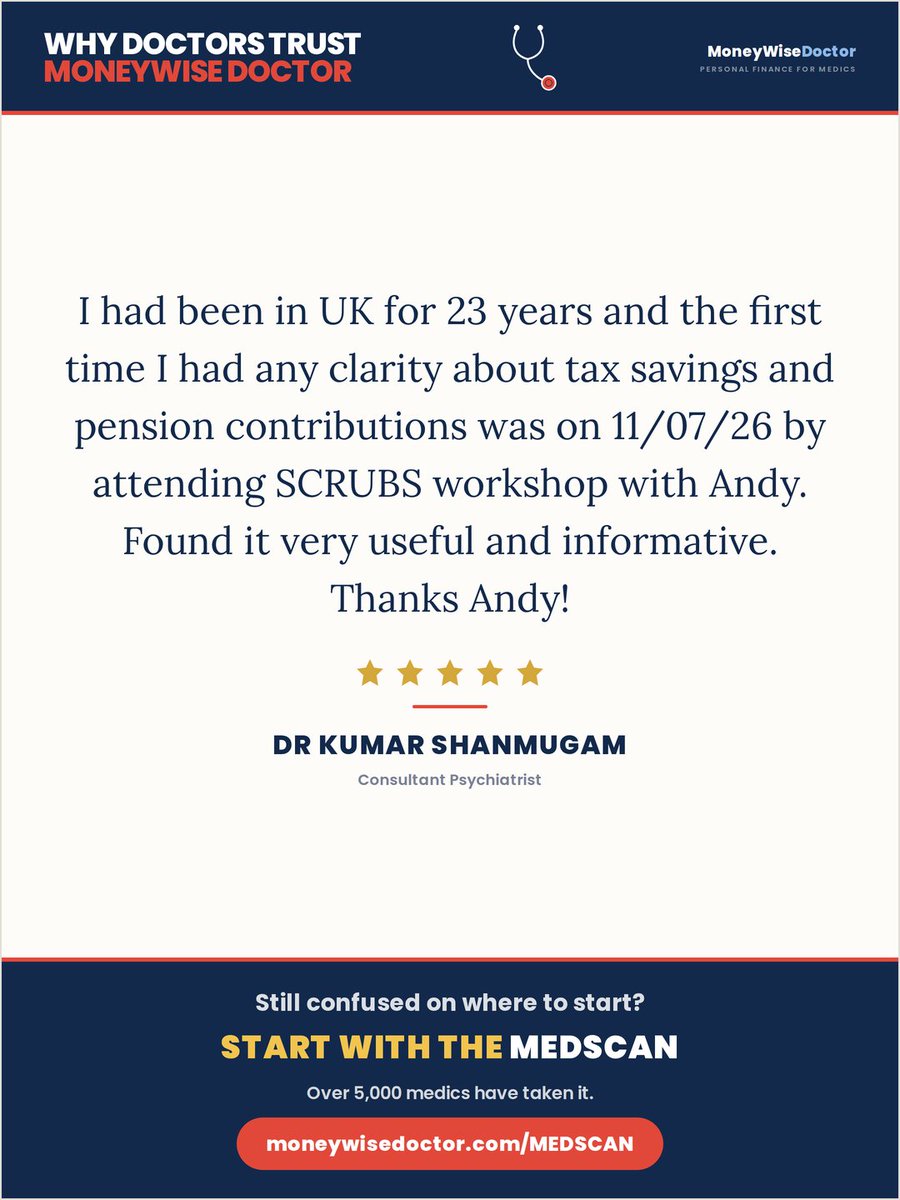 ndegwim's tweet photo. Comment "MEDSCAN"  👇

23 years. That's how long Dr Kumar practised before anyone explained his tax savings and pension contributions clearly. 🩺

"I had been in UK for 23 years and the first time I had any clarity about tax savings and pension contributions was… by attending SCRUBS workshop with Andy. Found it very useful and informative. Thanks Andy!"
— Dr Kumar Shanmugam, Consultant Psychiatrist ⭐⭐⭐⭐⭐

Still confused on where to start?
Start with the MEDSCAN. Over 5,000 medics have taken it.
🩺 https://t.co/d4vQ8mORqi

#MoneyWiseDoctor #PersonalFinanceForMedics #TaxEfficientInvesting #SIPP #NHSPension #ISA #MEDSCAN #UKDoctors