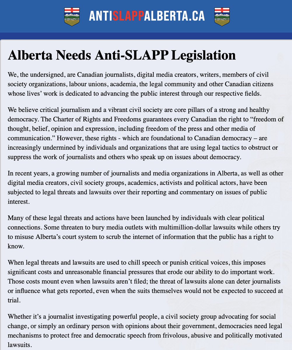JeremyAppel1025's tweet photo. Proud to have signed this letter with some fantastic peers calling on Alberta to adopt anti-SLAPP legislation.

Link below. https://t.co/IB48H7pUEw