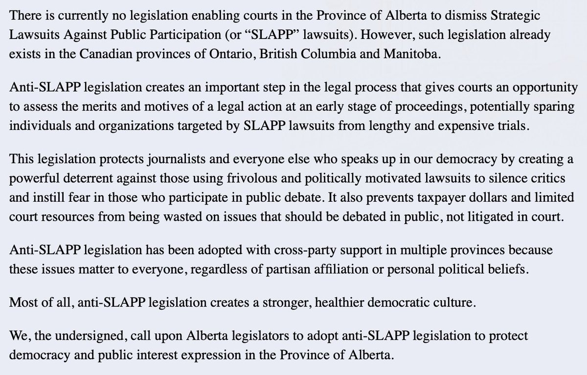 JeremyAppel1025's tweet photo. Proud to have signed this letter with some fantastic peers calling on Alberta to adopt anti-SLAPP legislation.

Link below. https://t.co/IB48H7pUEw