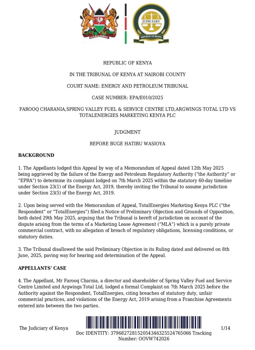 Thuranira_1's tweet photo. TotalEnergies has been ordered to pay  Ksh. 54,344,437.36 for rent overcharges and Ksh 11,085,805 in pending rebates to Farooq Charania, after the Energy and Petroleum Tribunal ruled in his favour. The Tribunal also declared parts of Total's Marketing Licence Agreement (MLA) unconscionable and unenforceable,holding that they unfairly gave the company excessive powers over dealers.   

The dealer argued that Total charged excessive rent, withheld rebates, under-delivered fuel and imposed unfair contract terms. A valuation report presented to the Tribunal assessed the fair monthly rent at Ksh. 194,000, yet the dealer showed that Total was demanding over KES 1 million per month in rent. Since Total did not produce its own valuation report to challenge those figures, the Tribunal upheld the claim and awarded Ksh. 54.3 million for rent overcharges, in addition to ordering payment of the Ksh. 11.08 million in admitted pending rebates. 

However, the Tribunal dismissed the fuel under-delivery claim, finding that although there were unexplained fuel losses, there was not enough evidence to prove they were caused by Total. It also directed EPRA to investigate Total's fuel delivery and reconciliation practices to ensure compliance with the Energy Act.  
@WAIGWAMKUU kazi safi
