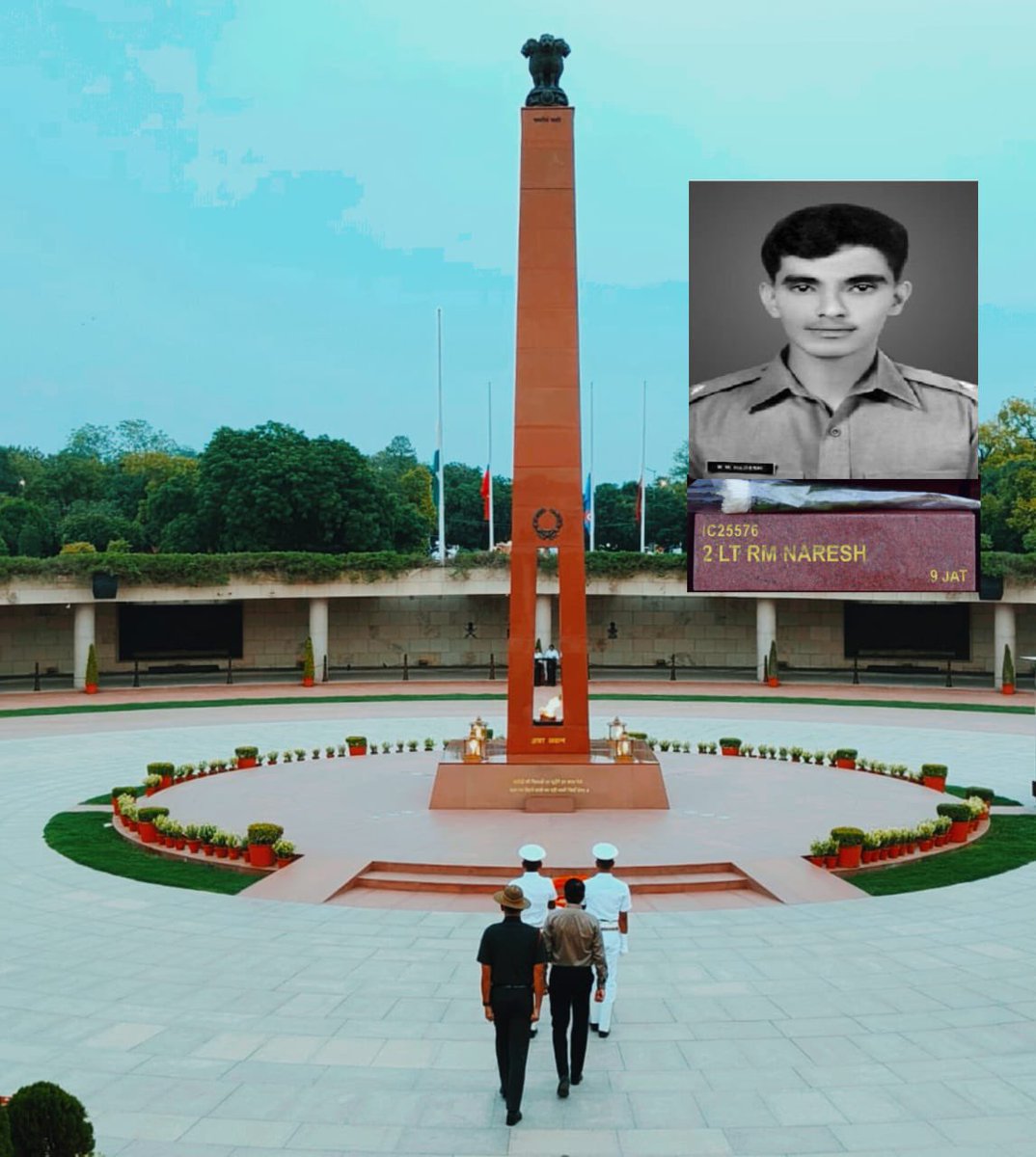 salute2soldier's tweet photo. Remembering the extraordinary valour of 2nd Lt Radha Mohan Naresh, #9JAT, who led from the front in the Battle of Chhamb, amidst intense enemy fire, and laid down his life for the Nation. Today, his brother, Shri Praveen Naresh, paid homage at the #NationalWarMemorial . https://t.co/IrmoDz77cA