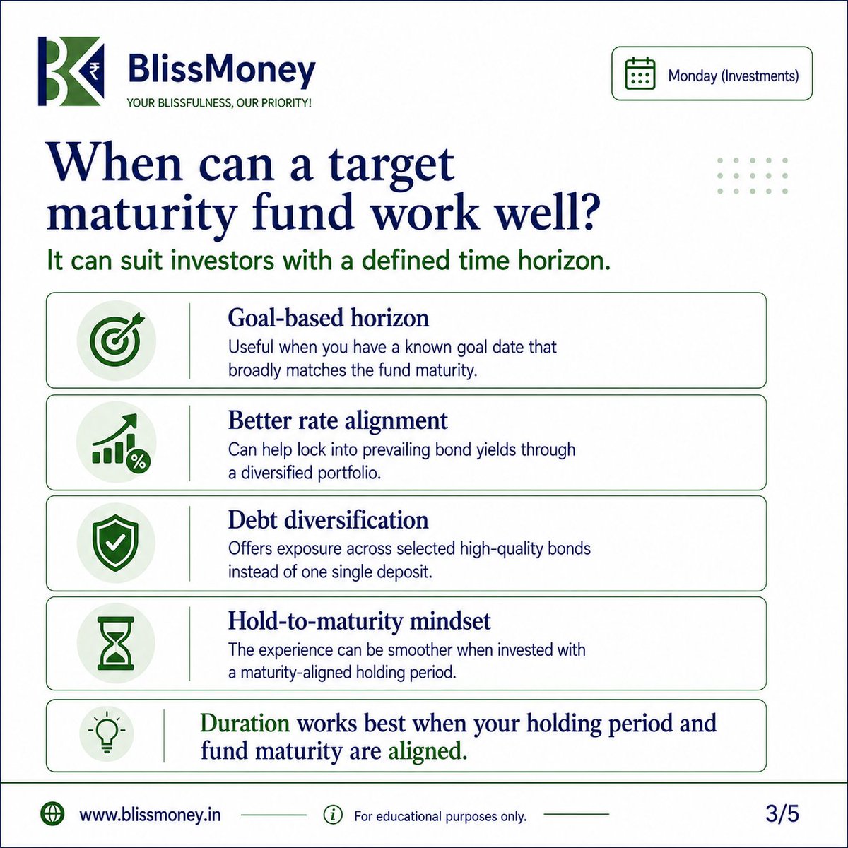 BlissmoneyL's tweet photo. Target Maturity Funds and FDs both have a place in your portfolio—but they aren't the same.
FDs offer certainty. Target Maturity Funds provide debt diversification and market-linked returns when held to maturity.
#BlissMoney #Investing #TargetMaturityFunds #FD #PersonalFinance https://t.co/SUrWc6tpvv