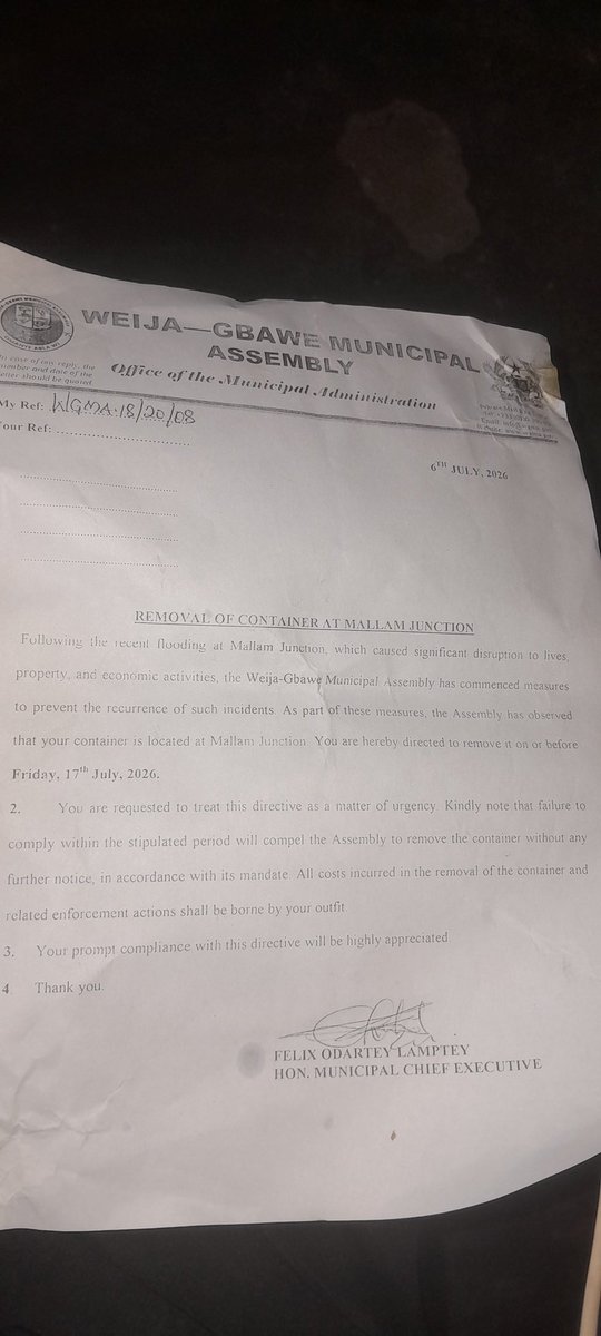 cfc_leslie's tweet photo. @wejia-gbawemunicipalassembly @tv3_ghana @metrotvgh @OnuaTV @utvghana @GTV_Ghana 
First things first. You prepared a letter dated, 6th July 2026 and then you disturb them on 13th July 2026.
Secondly, a container on MY LAND, how did it lead to flooding?

Now to my dear mce felix https://t.co/tq0InIlp7T