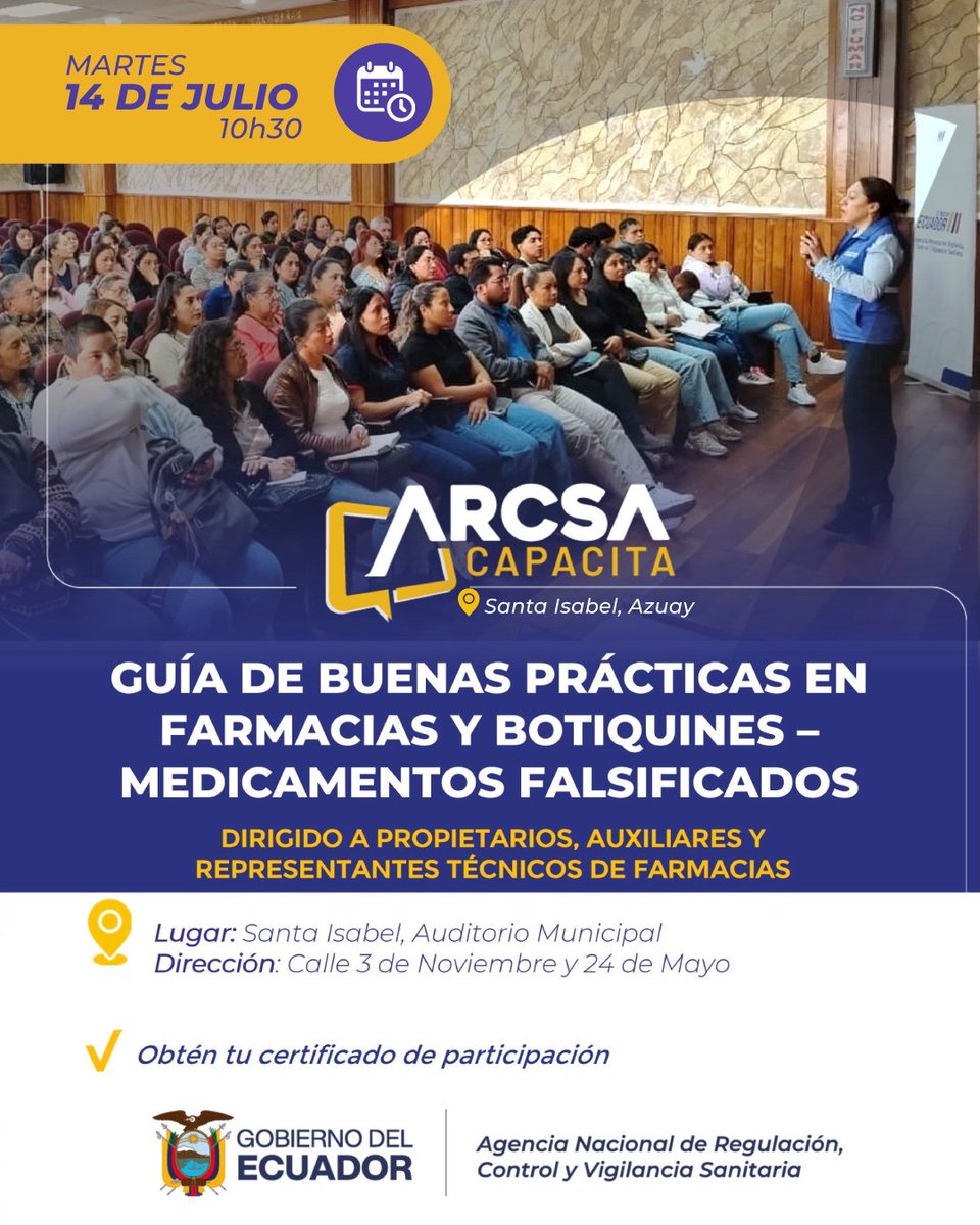 Arcsa_Ec's tweet photo. ¡Para que ofrezcan medicamentos siempre seguros! 🗣️💊

Invitamos a personal de farmacias del cantón #SantaIsabel de #Azuay a participar de nuestra capacitación sobre buenas prácticas de dispensación y cómo identificar fármacos falsificados.

#ArcsaCapacita ✅
#ElNuevoEcuador 🇪🇨 https://t.co/NBah9OihEt