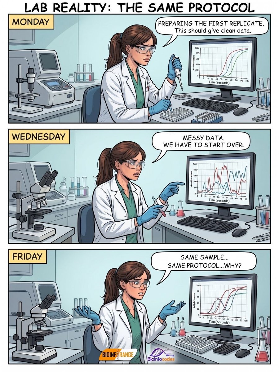 bioinforange's tweet photo. Same sample. Same protocol. Different results. 🧪😅
Welcome to lab reality, where reproducibility sometimes feels like a mystery.
#bioinforange #lablife #researchlife #sciencehumor #labmemes https://t.co/Ny1jTYHiST