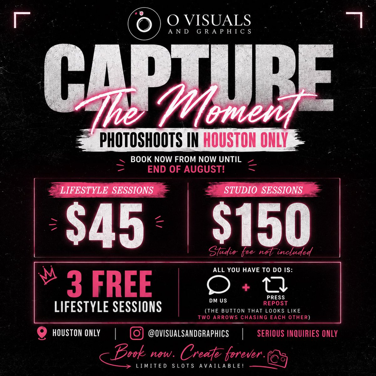 OVisualsStudio's tweet photo. Lifestyle sessions are $45 &amp; Studio sessions are $150 (studio fee not included) till the end of August.

I’m also giving away 3 FREE lifestyle sessions!
📍Houston only 
On here or @ovisualsandgraphics on IG 

#houston #houstonphotographer
@thienocharming on here https://t.co/r7KWpI0CqQ