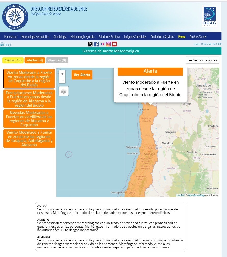 meteochile_dmc's tweet photo. 🚨#ALERTA
🌧️🌬️❄️ Hemos emitido #Alertas por Viento, Nevadas y Precipitaciones para regiones de la zona centro de 🇨🇱, debido al paso de un sistema frontal, que afectará desde la región de Atacama al Biobío.
Los detalles en el Sistema de Alerta Meteorológica de #meteochile 🔗 https://t.co/mKBiKzwLP7 

👆🏻 Recuerden revisar el pronóstico oficial del país a través de Meteochile