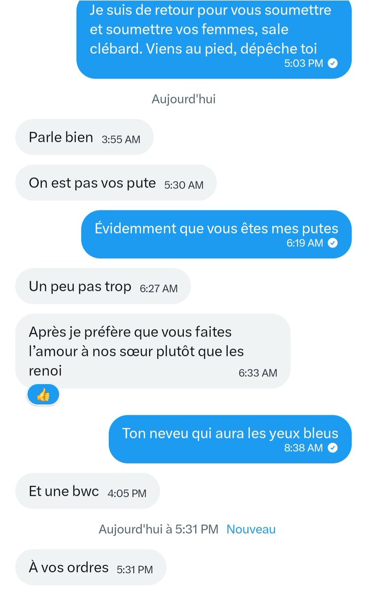 BigWhiteCock195's tweet photo. Petit rebeu remis à sa place.
Toujours pareil ; ça essaie de fuir son statut de cuck. En face autorité et virilité et ça se soumet immédiatement.

Ce soir je baise ma pute marocaine et lui se branlera dans son lit. Ordre naturel.

#Beurette #bleached #cuckold #WhiteSupremacy https://t.co/Qvwb5Khrqg