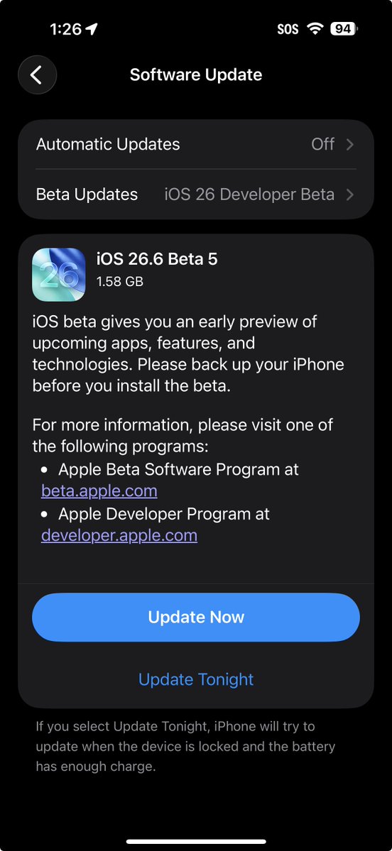 zollotech's tweet photo. iOS 26.6 Beta 5 is out https://t.co/nj0V2doPjA