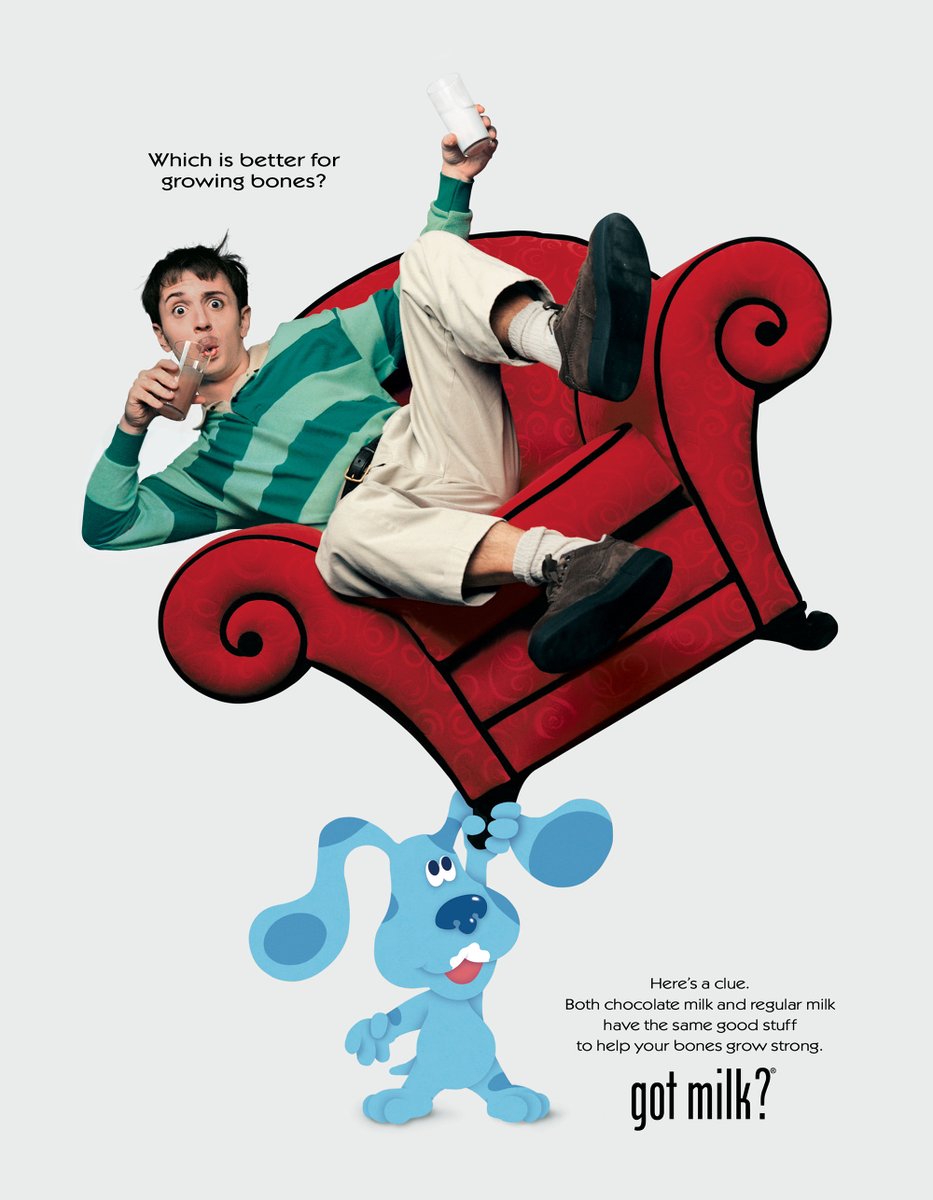MilkAdMan's tweet photo. I must admit, there wasn't a lot of pressure when #AnnieLeibovitz shot #SteveBurns on his famous chair for a milk ad. Although... I seem to remember Steve insisting there be no brown M&amp;Ms in the backstage dressing room. #MilkMustacheMonday #BluesClues #MilkMustache #GotMilk https://t.co/lE5LPSzokm