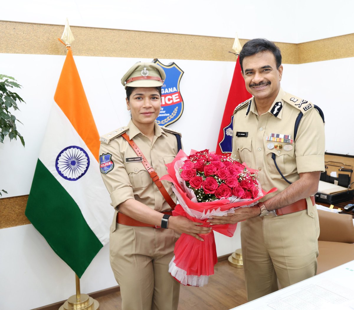 TelanganaDGP's tweet photo. It was a pleasure meeting our own Deputy Superintendent of Police and international boxing champion, Ms. @nikhat_zareen, along with her father, Mr. Mohammad Jameel Ahmed. Her remarkable achievements have brought immense pride to Telangana, the nation and the Telangana Police.

Drawing from my own experiences as a sportsperson, I shared that success in sports is built on discipline, dedication, physical fitness and mental resilience. I encouraged her to remain focused on her goals, continue striving for excellence and inspire the next generation of athletes through her achievements.

I am confident that Nikhat will continue to bring greater laurels to India, Telangana and the Telangana Police while balancing her responsibilities as a police officer with distinction. Wishing her continued success in every ring she steps into.