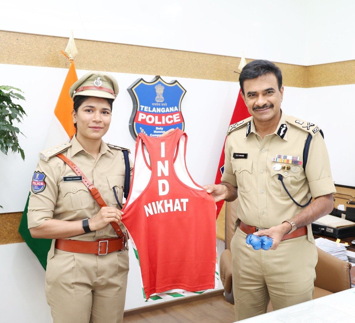 TelanganaDGP's tweet photo. It was a pleasure meeting our own Deputy Superintendent of Police and international boxing champion, Ms. @nikhat_zareen, along with her father, Mr. Mohammad Jameel Ahmed. Her remarkable achievements have brought immense pride to Telangana, the nation and the Telangana Police.

Drawing from my own experiences as a sportsperson, I shared that success in sports is built on discipline, dedication, physical fitness and mental resilience. I encouraged her to remain focused on her goals, continue striving for excellence and inspire the next generation of athletes through her achievements.

I am confident that Nikhat will continue to bring greater laurels to India, Telangana and the Telangana Police while balancing her responsibilities as a police officer with distinction. Wishing her continued success in every ring she steps into.
