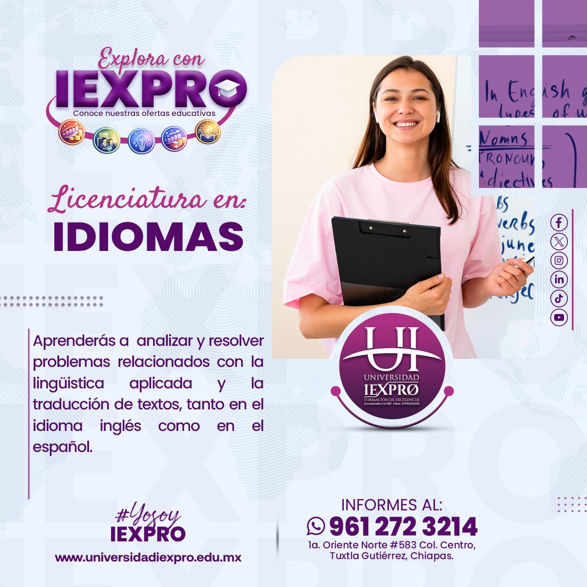 IexproU's tweet photo. 🐬💙Licenciatura en Idiomas
Domina el inglés y el español con enfoque en traducción y lingüística aplicada. Conéctate con el mundo desde una perspectiva profesional. 
📲Informes: 961 272 3214

#LicenciaturaEnIdiomas #ComunicaciónGlobal #Traducción #IEXPRO https://t.co/ANCF91X9mF