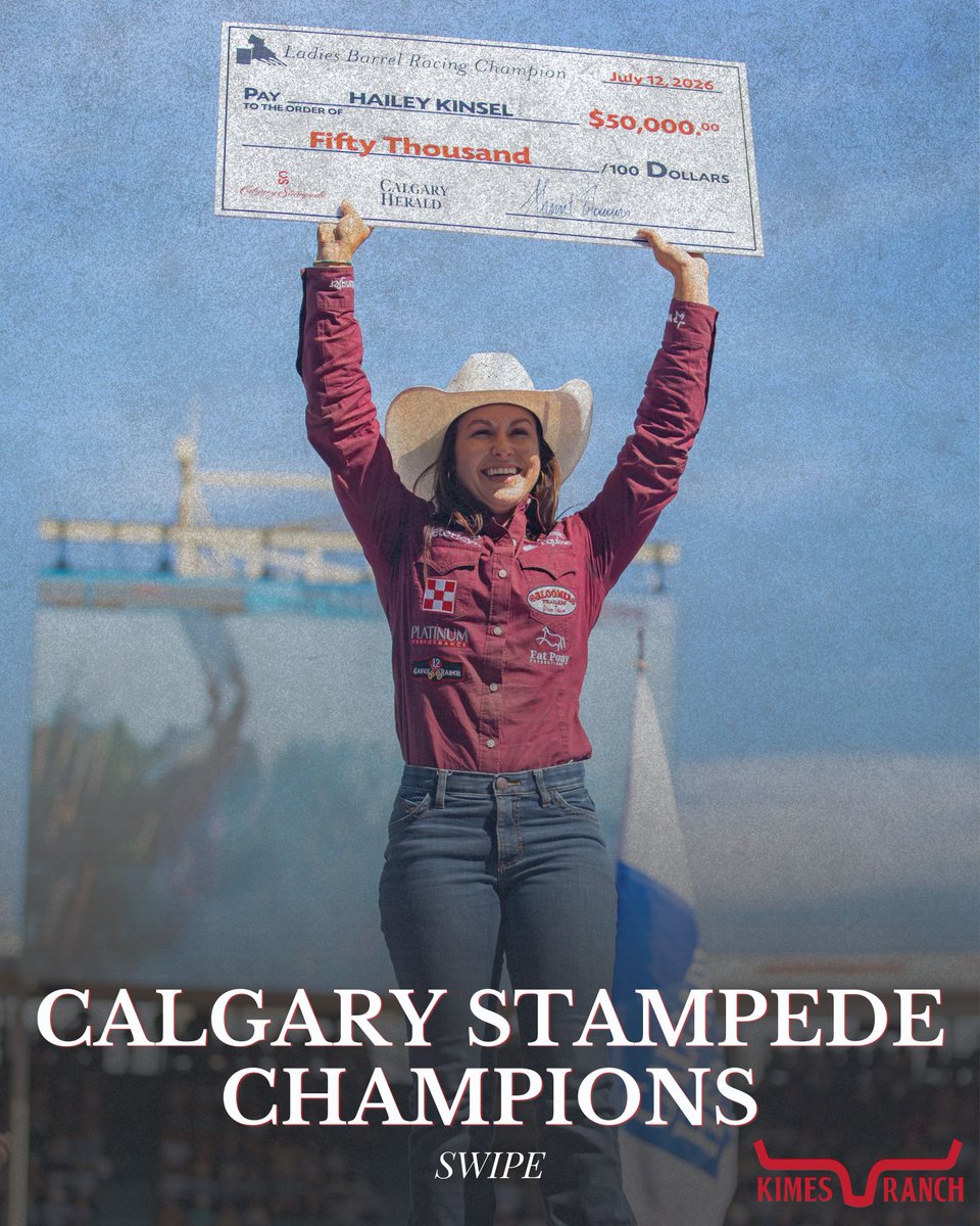 USCowboyInc's tweet photo. YOUR 2026 CALGARY STAMPEDE CHAMPIONS! 

Bareback Riding: Bradlee Miller, 92.5 points on Macza's Stevie Knicks 

Barrel Racing: Hailey Kinsel, 16.802 seconds 

Tie-Down Roping: Zack Jongbloed, 7.2 seconds 

Steer Wrestling: Riley Duvall, 3.9 seconds 

Saddle Bronc Riding: Wyatt Casper, 90.5 points on Calgary's Mary Lou 

Breakaway Roping: Cheyanne McCartney, 2.7 seconds 

Bull Riding: Noah Lee, 77 points on Wayne Vold's Whiskey at Noon

📸 Facebook/Calgary Stampede