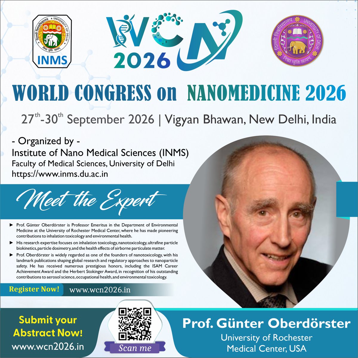 WCN2026's tweet photo. We're delighted to welcome Prof. Günter Oberdörster (University of Rochester Medical Center, USA), a pioneer in nanotoxicology and inhalation toxicology, to World Congress on Nanomedicine 2026.

📅 27–30 Sept 2026
📍 Vigyan Bhawan, New Delhi
🌐 https://t.co/inf5MhyuE3 https://t.co/Etb0QlWpmZ