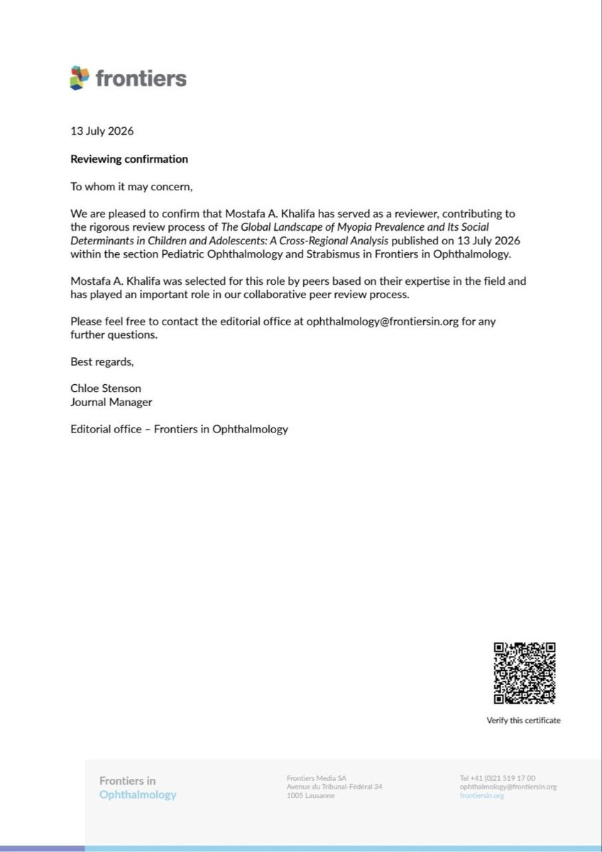 KIMRA_MK's tweet photo. Delighted to see my name recognized as a Peer Reviewer in Frontiers in Ophthalmology for a manuscript that has now been successfully published.🏆 https://t.co/p1zbi13ldL