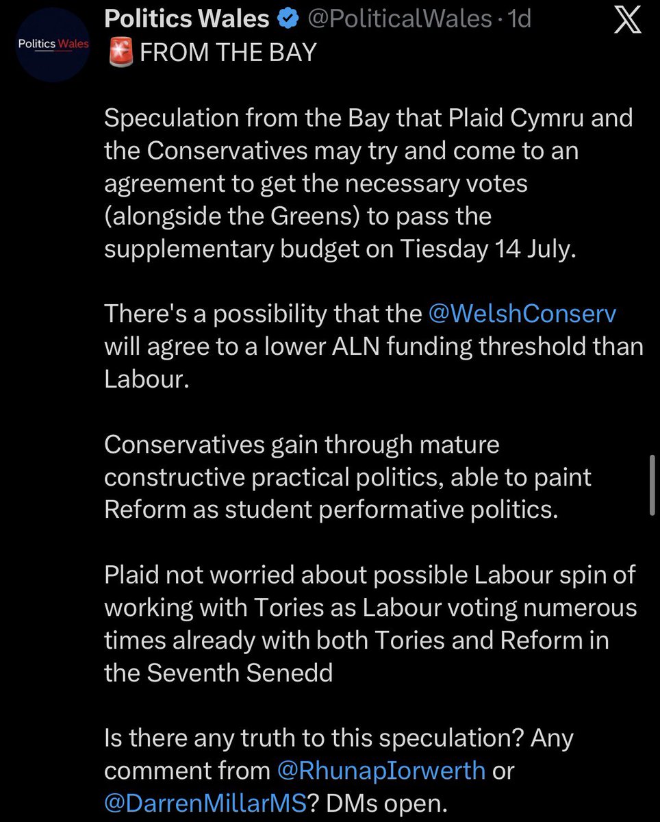 SeneddWaste's tweet photo. This is probably just noise, and looks like a desperate negotiating tactic from Plaid to try and lower Labour’s price. 

Nonetheless, it would be a very bad idea for @WelshConserv and @DarrenMillarMS to play along. 

Stand firm. Say no. Plaid were elected on the back of promises they’ve since broken. 

Don’t let them off the hook.