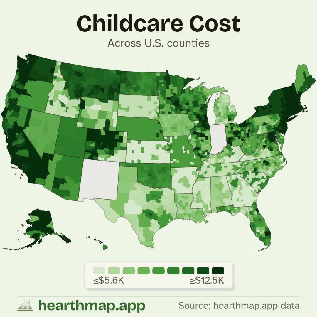 hearthmap's tweet photo. Childcare runs $26,900 a year in Arlington, Virginia and over $26k in San Francisco. The five cheapest counties on the map are all in Missouri, bottoming out near $2,200 in DeKalb County. A 12x spread for the same job of watching a kid. Where does your county land? https://t.co/ByYSE1nq6C