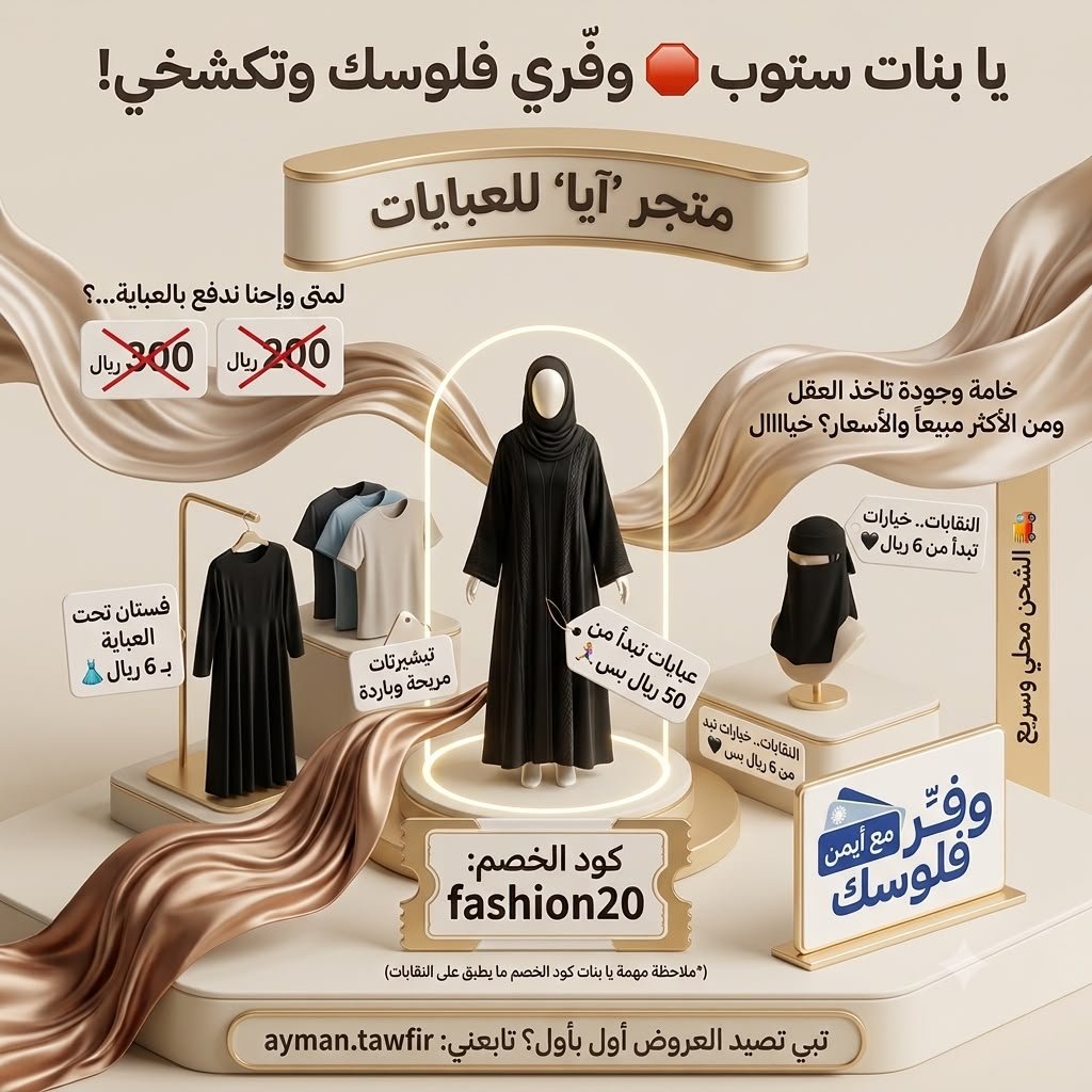 tawfir_ayman's tweet photo. يا بنات ستوب 🛑 لمتى وإحنا ندفع بالعباية 200 و 300 ريال؟ 

جبت لكم الزين اللي يخليك تكشخين وتوفرين بنفس الوقت 😍✨

متجر "آيا" للعبايات خامة وجودة تاخذ العقل ومن الأكثر مبيعاً والأسعار؟ خيااال

عبايات تبدأ من 50 ريال بس🏃‍♀️
https://t.co/rTsNk8U3N1

فستان تحت العباية بـ 8ريال 👗
https://t.co/V0JK52YohE

تيشيرتات تحت العباية مريحة وباردة
https://t.co/St4pQuCuHw

النقابات.. خيارات تجنن وتبدأ من 8 ريال بس 🖤
https://t.co/Qe9ST43FH1

وعشان الدلع يكمل، لا تنسون كود الخصم بيخصم لكم زيادة fashion20

⚠️ ملاحظة مهمة يا بنات كود الخصم ما يطبق على النقابات.

🚚 الشحن محلي وسريع

وفر فلوسك مع أيمن وخليك بأحلى طلة

📣 تبي تصيد العروض أول بأول ؟ تابعني :
https://t.co/tjRroTioDE