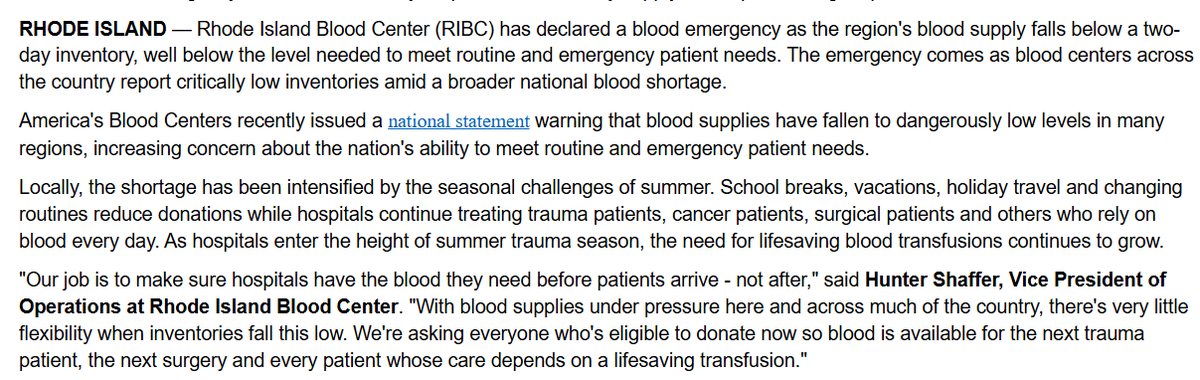 FitzProv's tweet photo. .@RIBloodCenter declares a blood emergency https://t.co/skbn2YhsTx