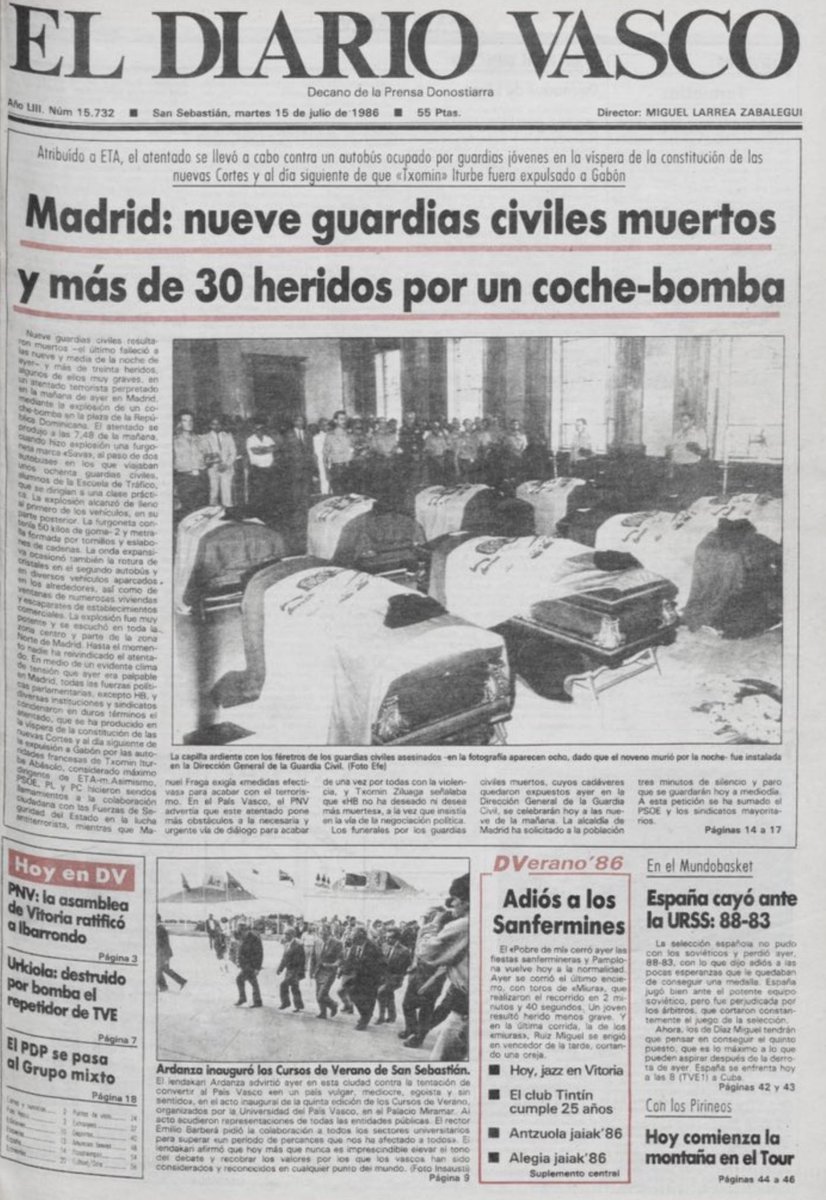 MemorialVT's tweet photo. 14/07/1986. Madrid. Se cumplen 40 años del asesinato por ETA-m del @guardiacivil CARMELO BELLA ÁLAMO. Asesinado en el atentado múltiple de la plaza de la República Dominicana. Una furgoneta-bomba estalló al paso de un convoy de vehículos de la Benemérita. https://t.co/1Tz9xZfkmC